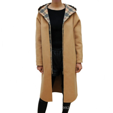 High Quality Factory Custom Camel Hooded Zipper Plaid Luxury Woman Coat Wool Women Long Jacket